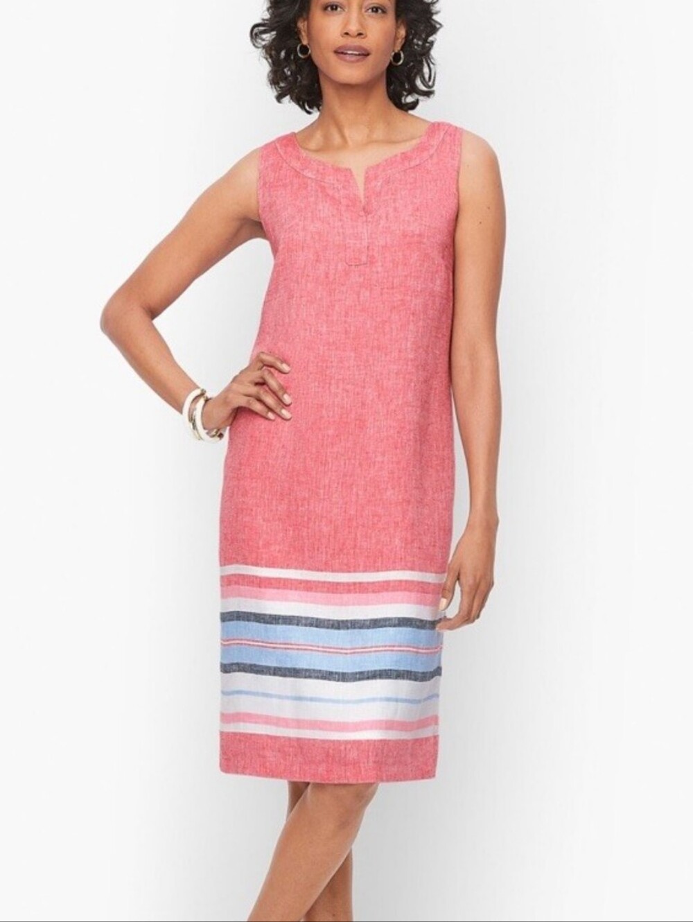 Talbots Petites Linen Shift Dress In Seaside Stripe Size 14P  Red Blue‎